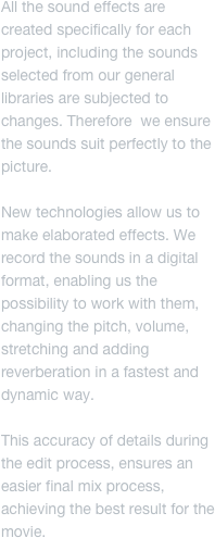 All the sound effects are created specifically for each project, including the sounds selected from our general libraries are subjected to changes. Therefore  we ensure the sounds suit perfectly to the picture.

New technologies allow us to make elaborated effects. We record the sounds in a digital format, enabling us the possibility to work with them, changing the pitch, volume, stretching and adding reverberation in a fastest and dynamic way.

This accuracy of details during the edit process, ensures an easier final mix process, achieving the best result for the movie.
